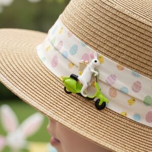 Charming Bunny Brooch on Green Scooter